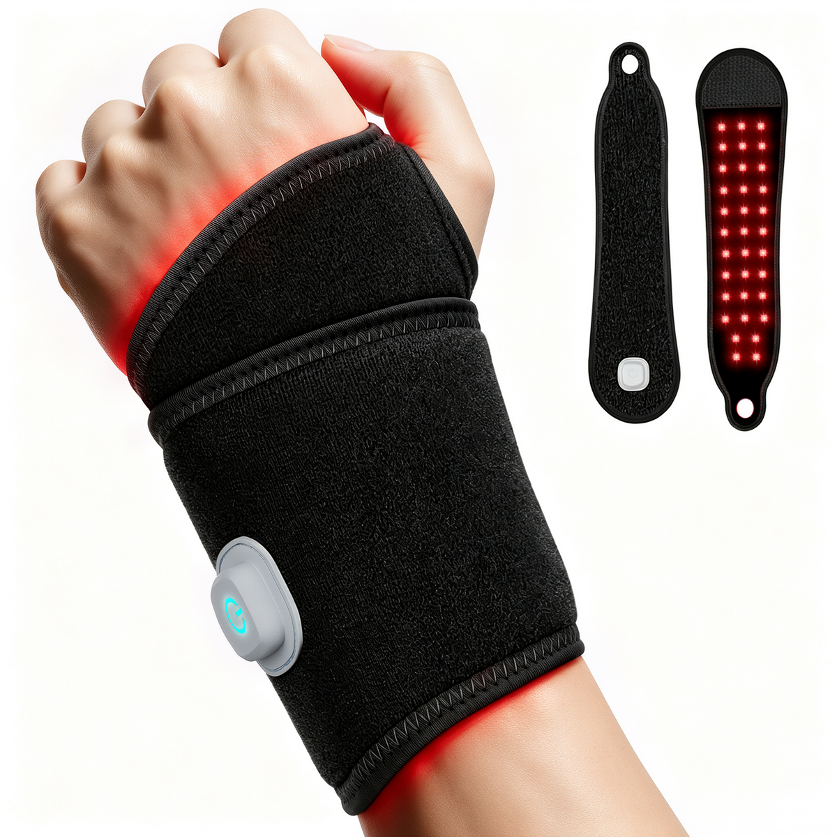 BraveCity Red Light Therapy Wrist Wrap | 660nm & 850nm, Heat & Pulse, 4000mAh Cordless
